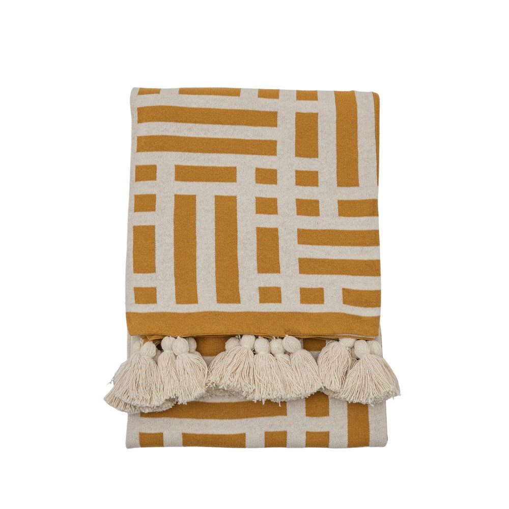 Elio Knitted Geometric Cotton Throw in Ochre Yellow